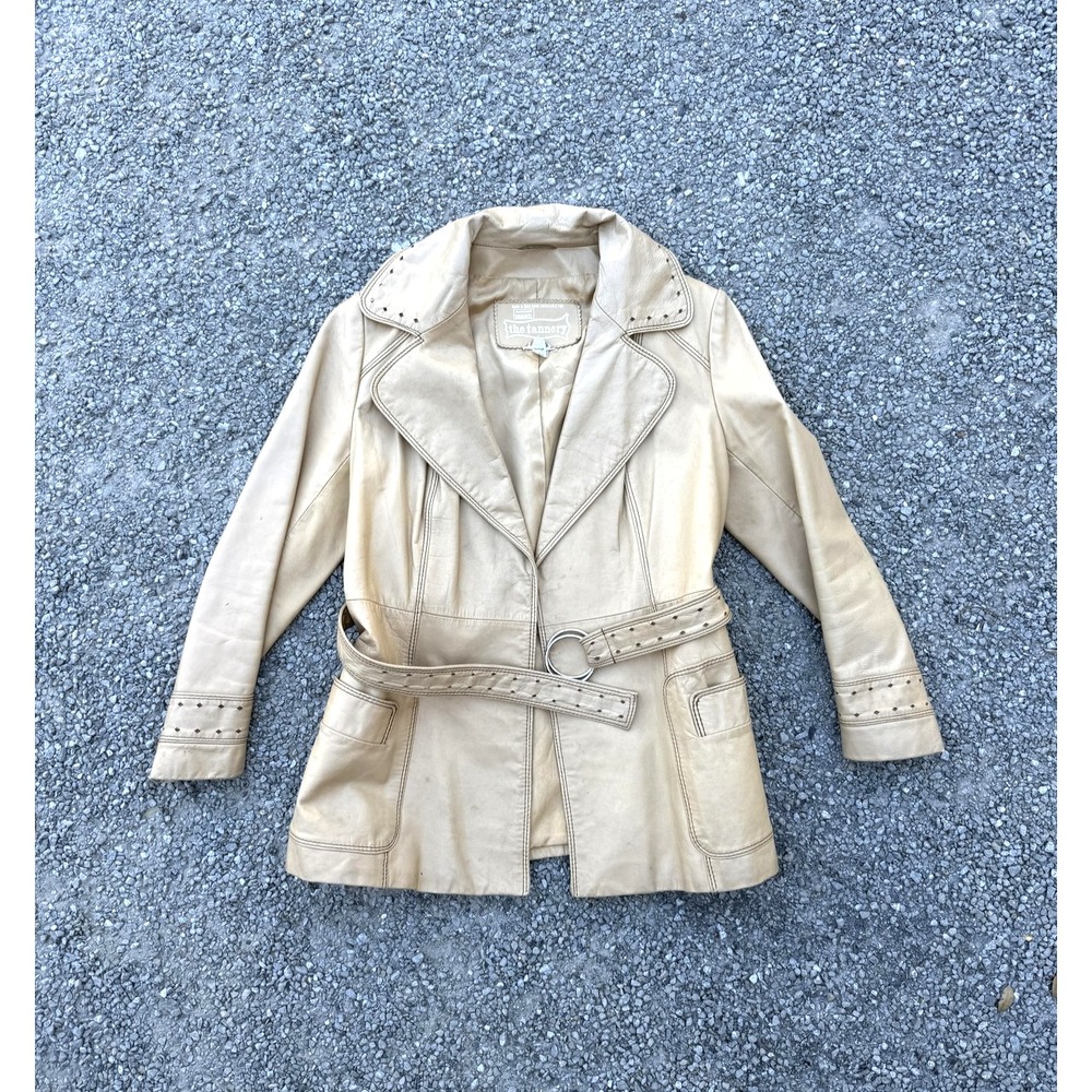 Vintage 70s Tannery Jacket Womens 7/8 Tan Leather Belted Studded‎ Western Boho